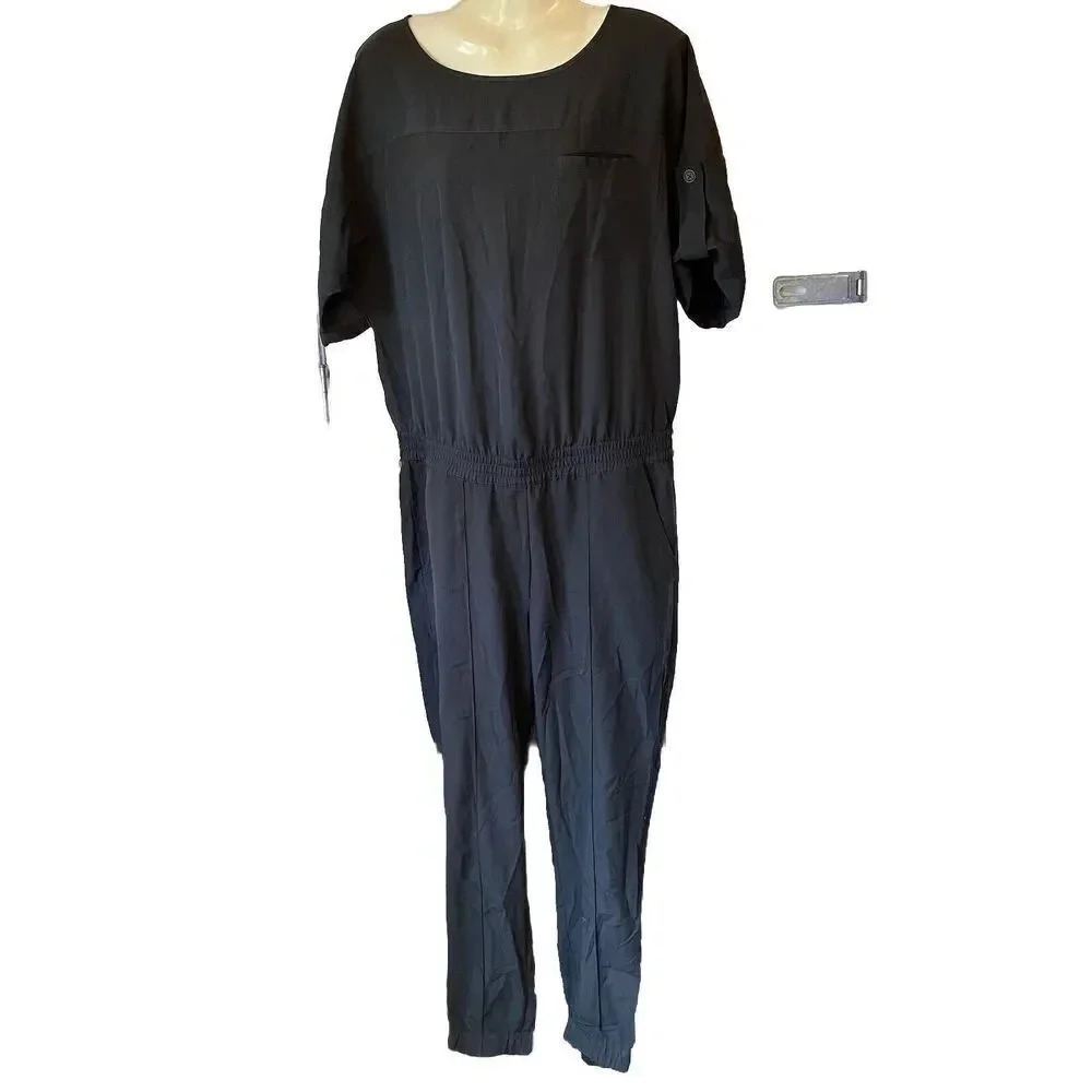 Loft Short sleeve Jumpsuit 4/S Navy Pocket Elastic Waist Zip Back Daily Wear